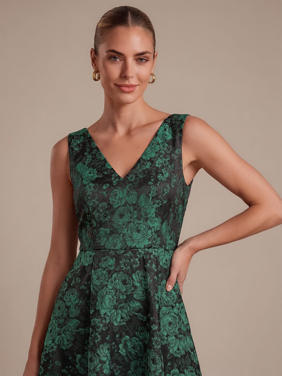 Printed Jacquard Cap Sleeve Dress #color_Dark Green