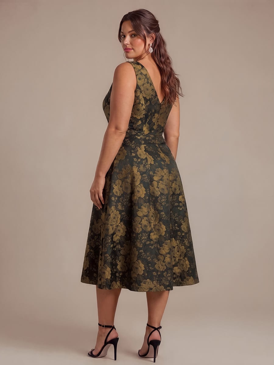 Printed Jacquard Cap Sleeve Dress #color_Black/Gold