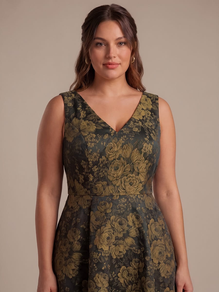 Printed Jacquard Cap Sleeve Dress #color_Black/Gold