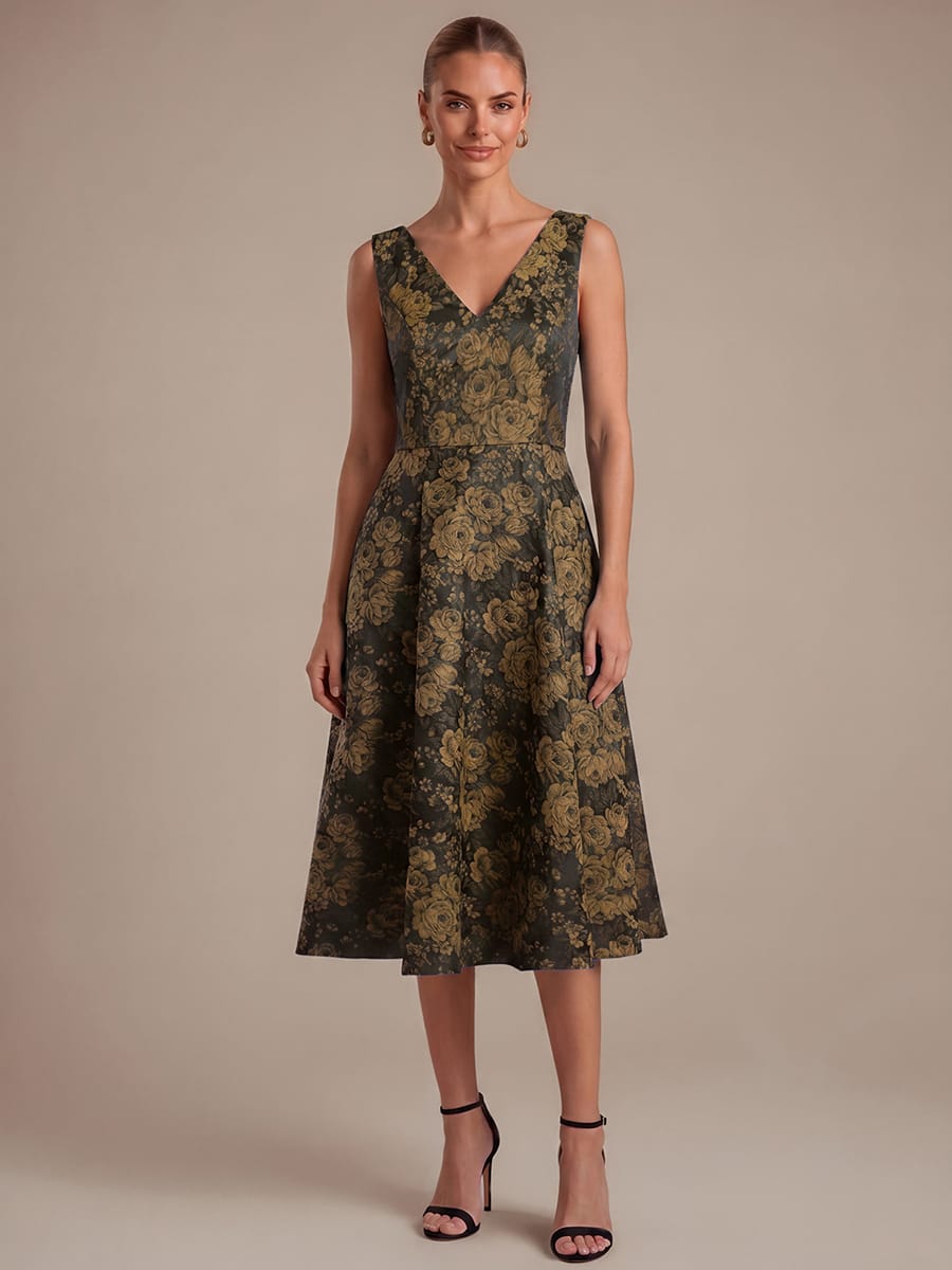 Printed Jacquard Cap Sleeve Dress #color_Black & Gold