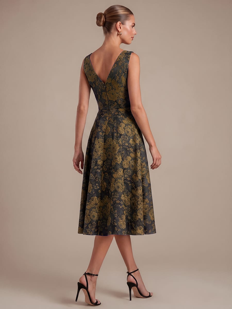 Printed Jacquard Cap Sleeve Dress #color_Black & Gold