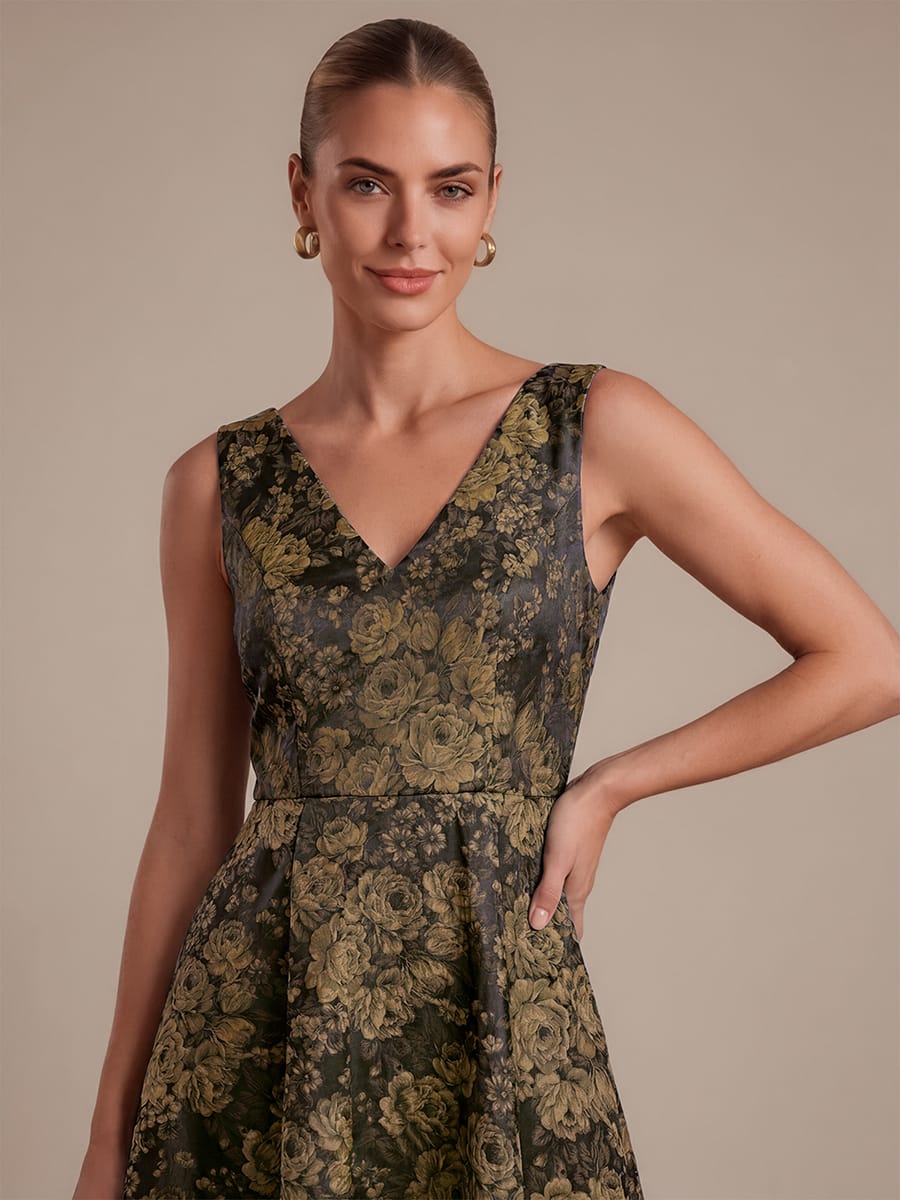 Printed Jacquard Cap Sleeve Dress #color_Black & Gold