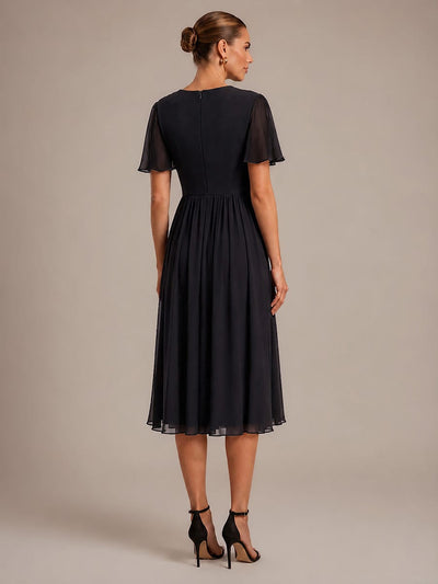 Chiffon Ruffle Sleeve A-line Dress #color_Black