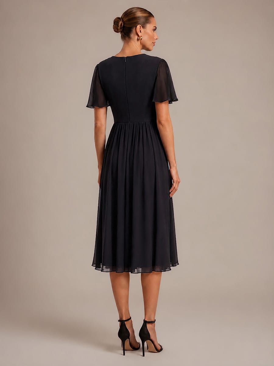 Chiffon Ruffle Sleeve A-line Dress #color_Black