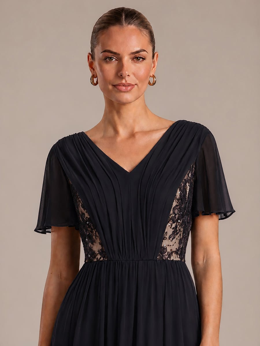 Chiffon Ruffle Sleeve A-line Dress #color_Black