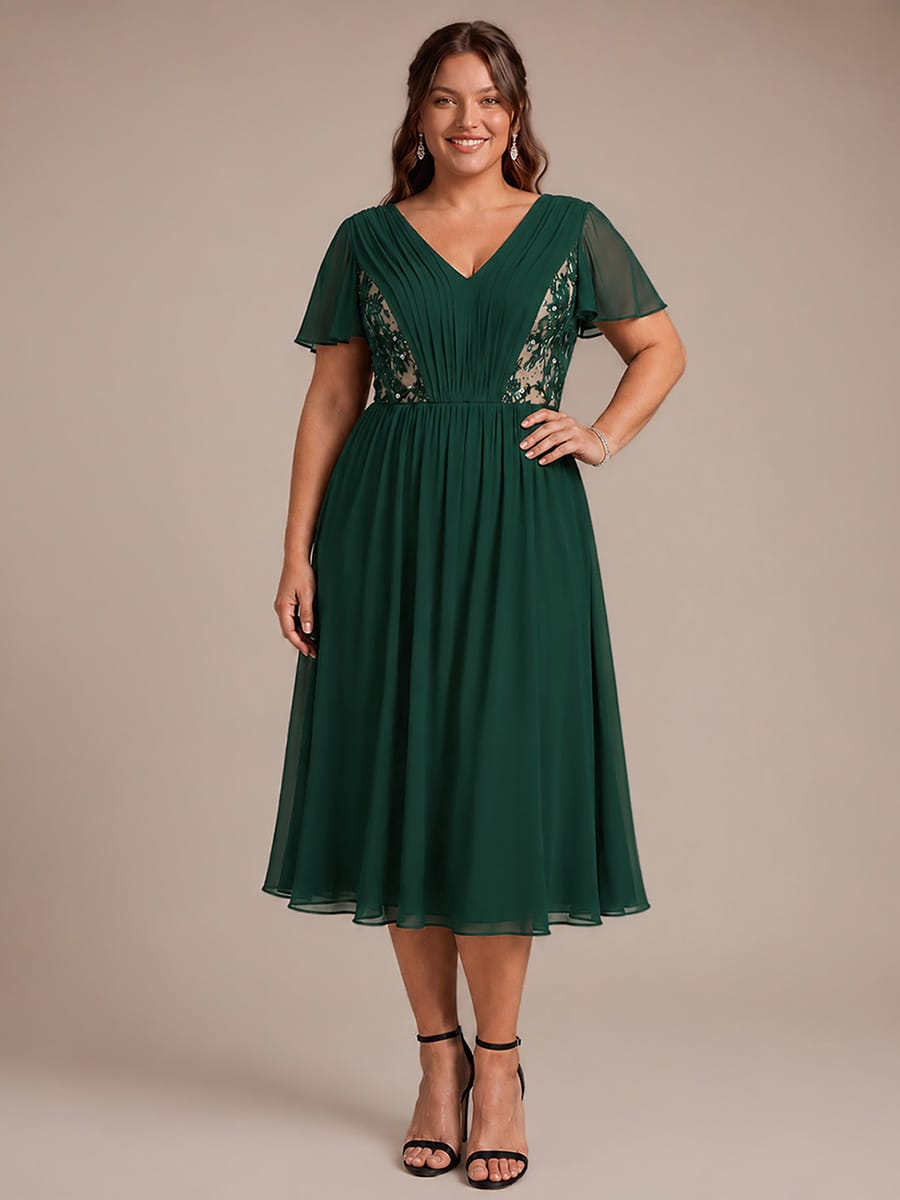 Chiffon Ruffle Sleeve A-line Dress #color_Dark Green