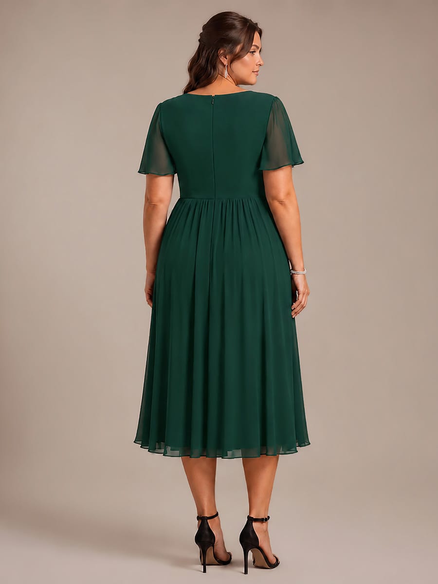 Chiffon Ruffle Sleeve A-line Dress #color_Dark Green