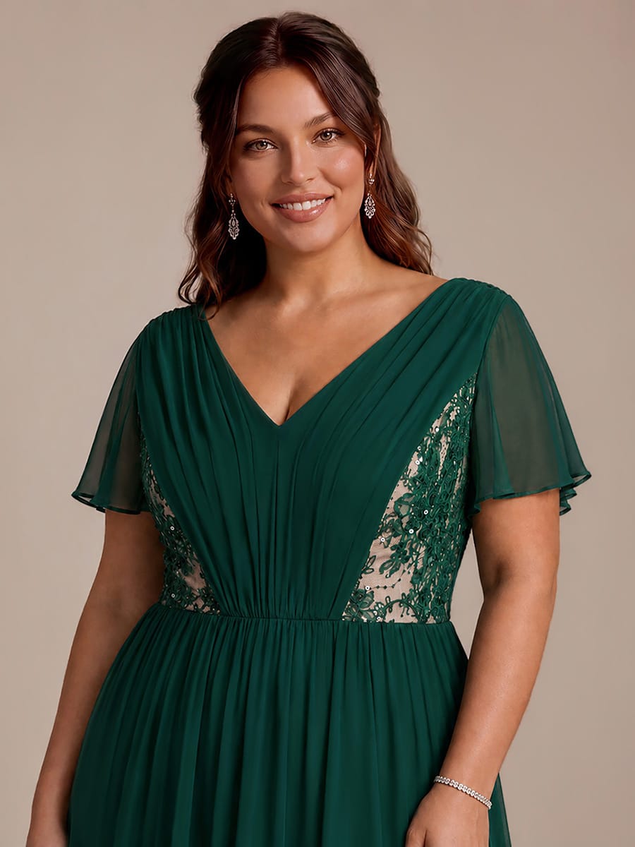 Chiffon Ruffle Sleeve A-line Dress #color_Dark Green
