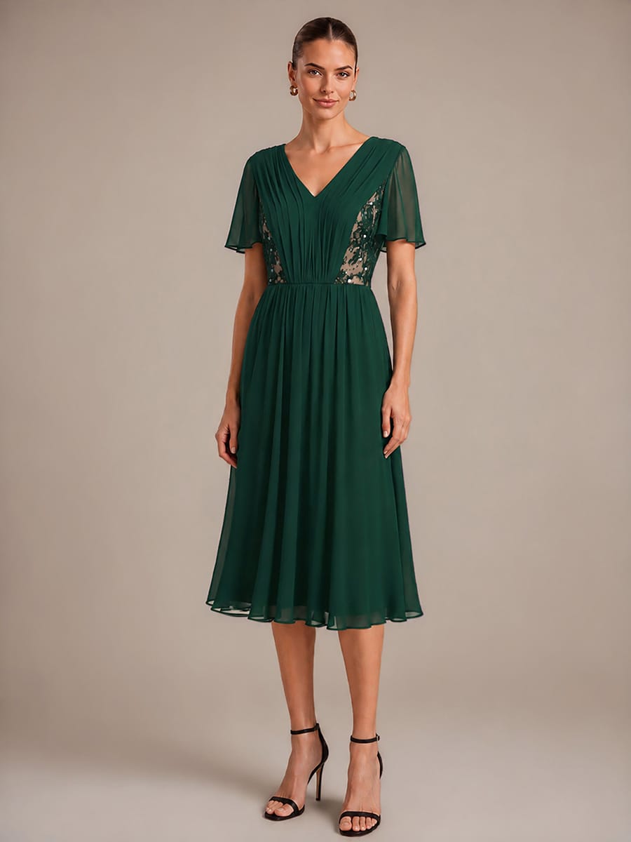 Chiffon Ruffle Sleeve A-line Dress #color_Dark Green
