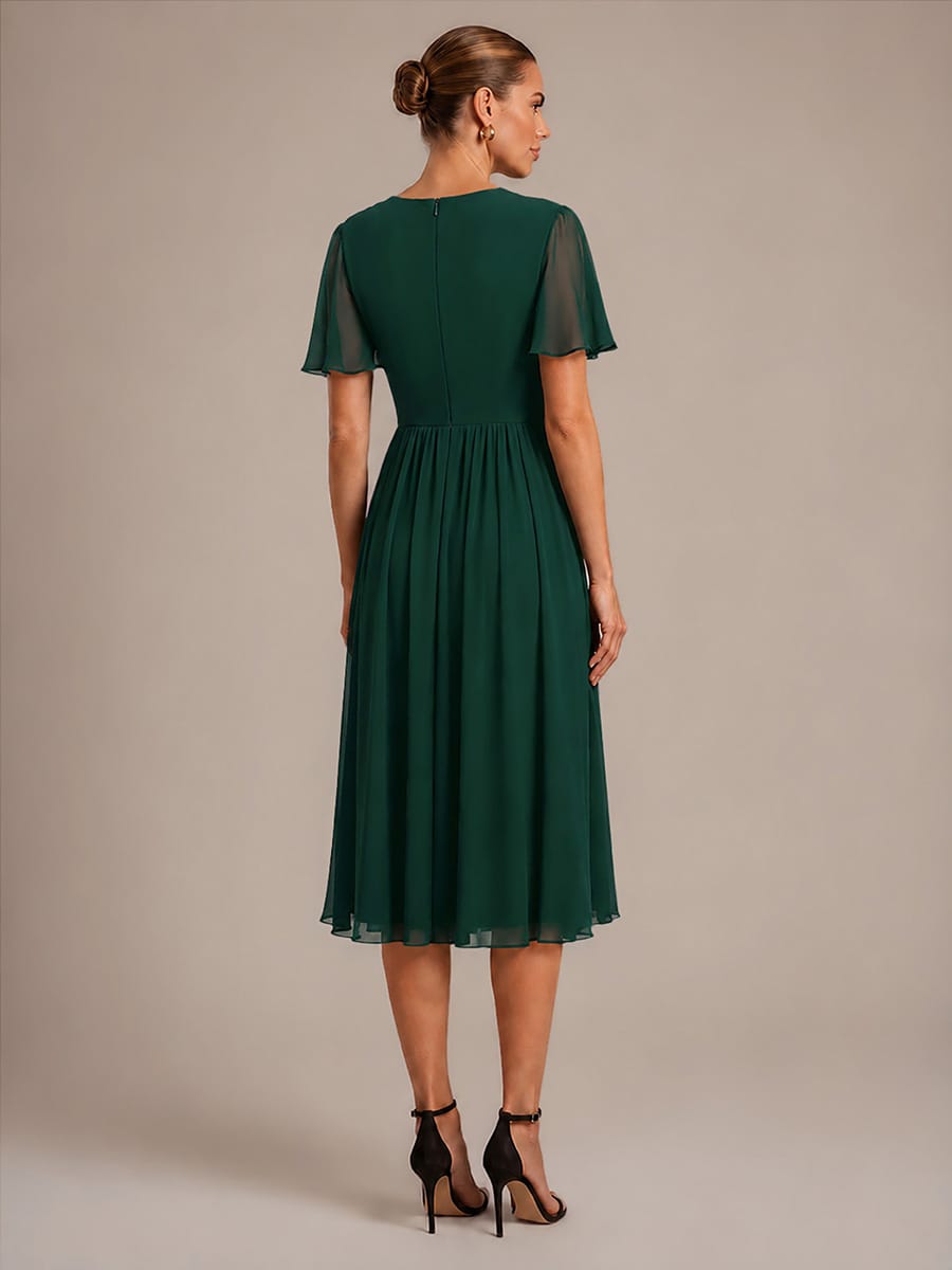 Chiffon Ruffle Sleeve A-line Dress #color_Dark Green