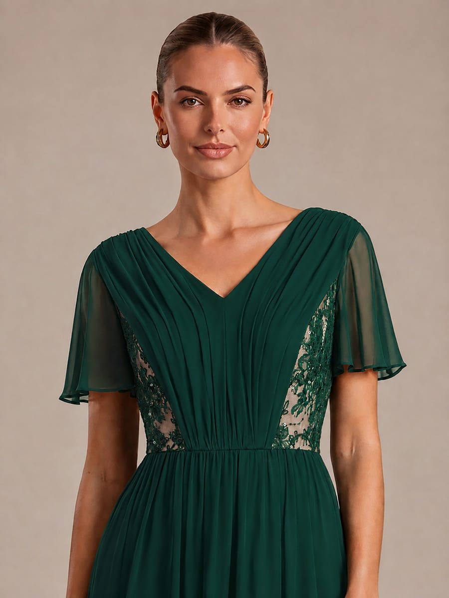 Chiffon Ruffle Sleeve A-line Dress #color_Dark Green