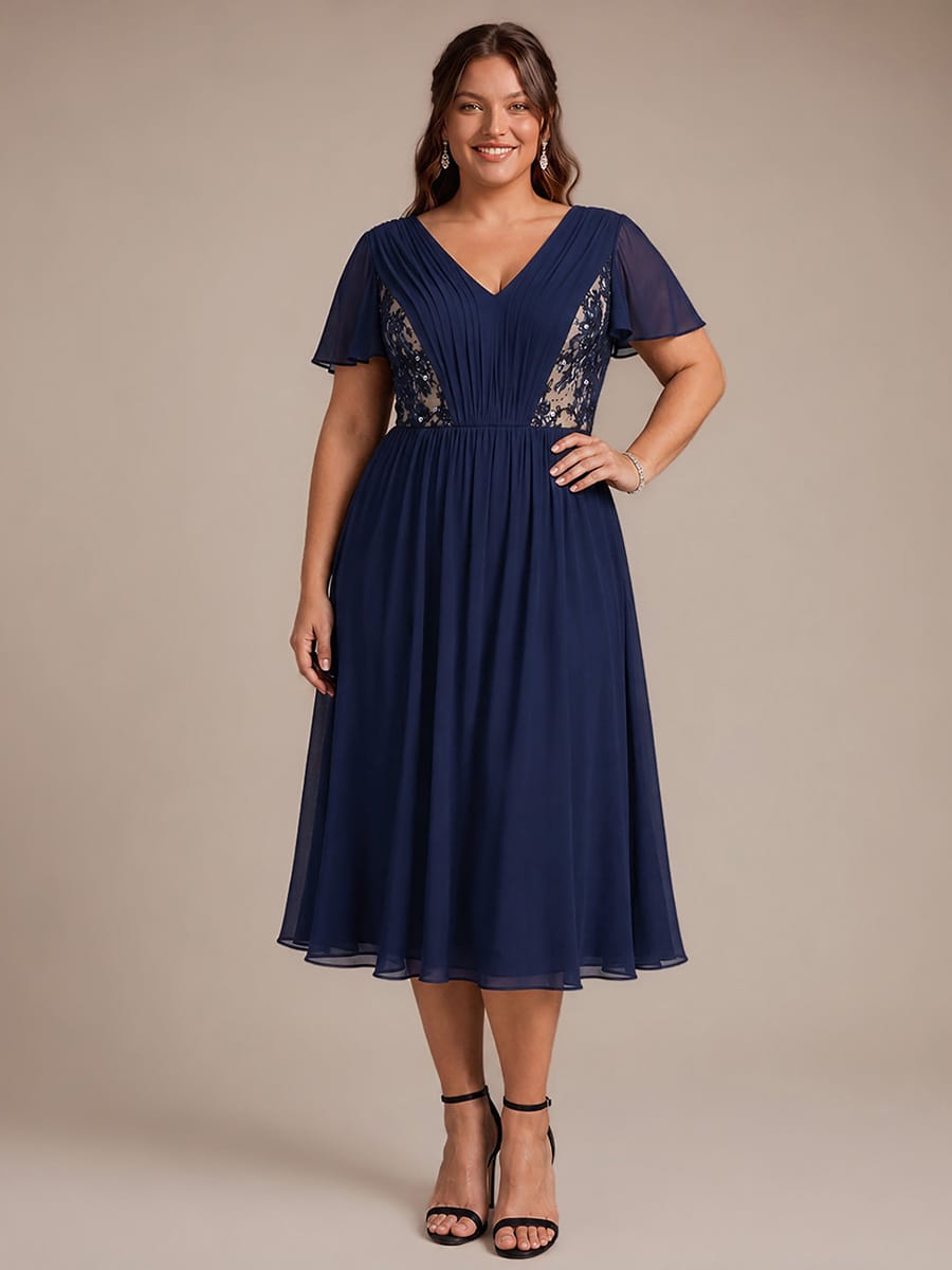 Chiffon Ruffle Sleeve A-line Dress #color_Navy Blue