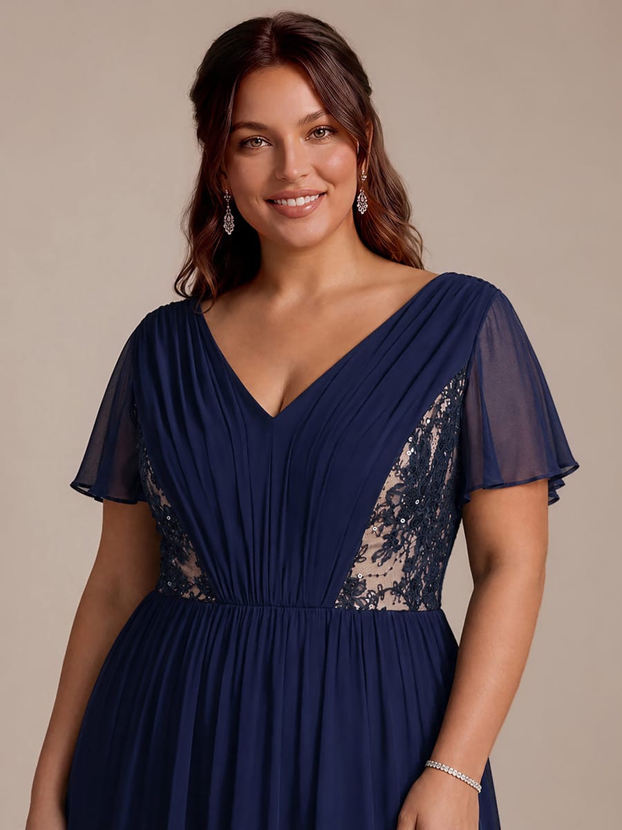 Chiffon Ruffle Sleeve A-line Dress #color_Navy Blue