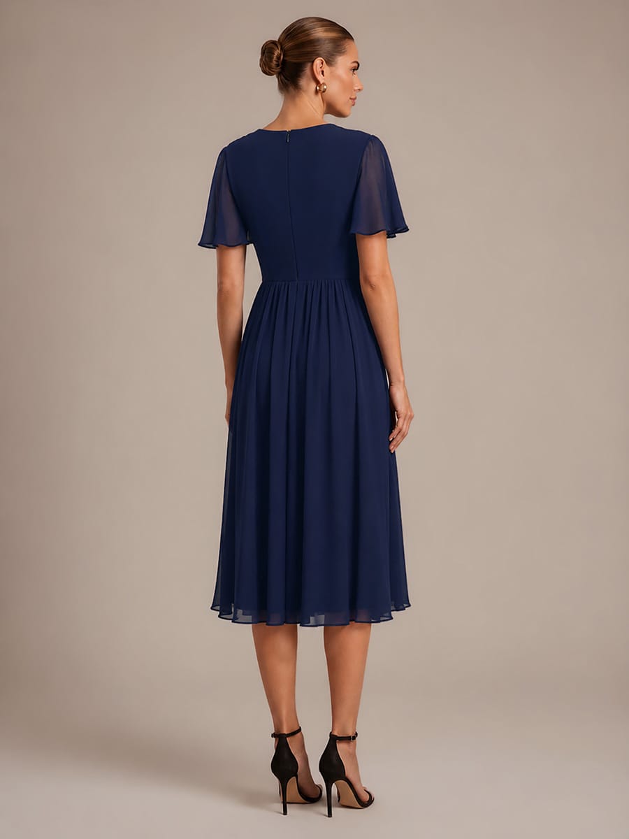 Chiffon Ruffle Sleeve A-line Dress #color_Navy Blue