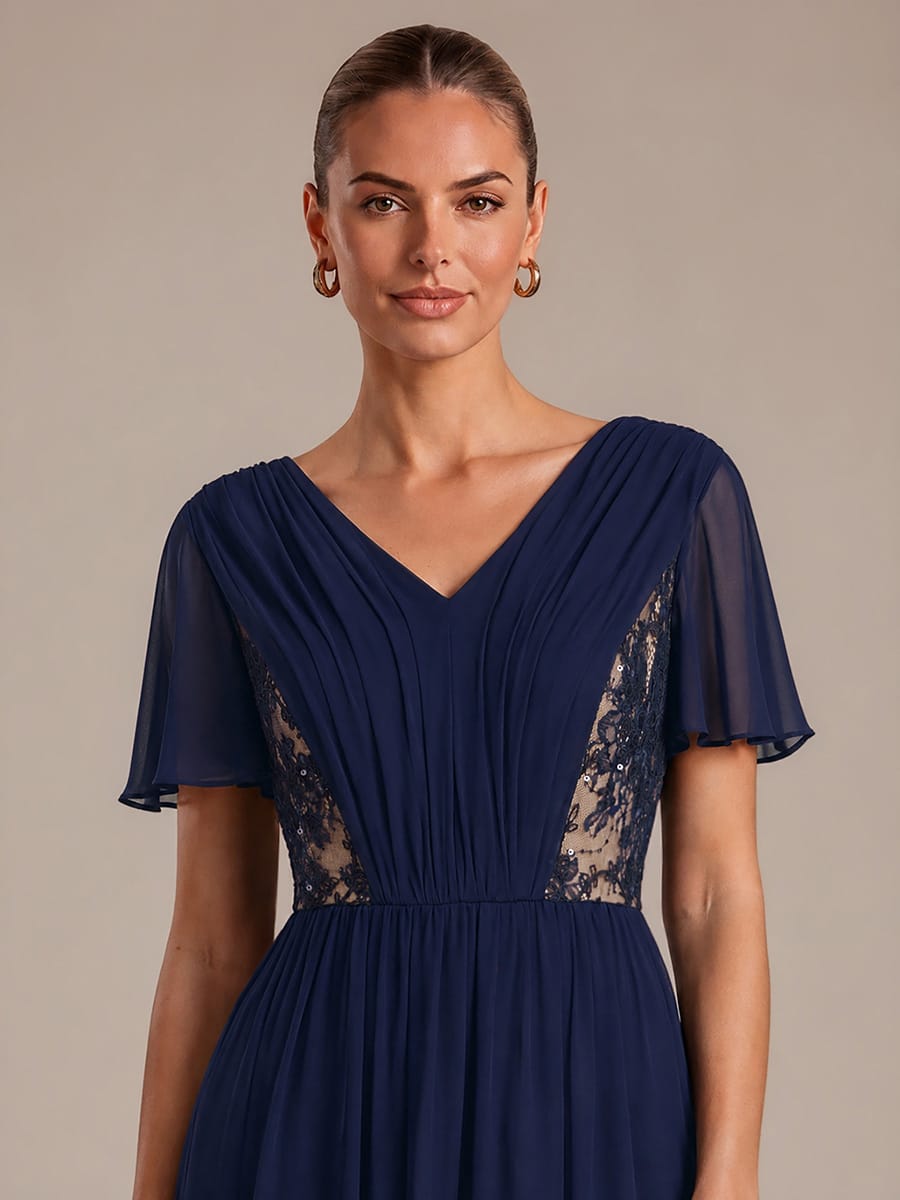 Chiffon Ruffle Sleeve A-line Dress #color_Navy Blue
