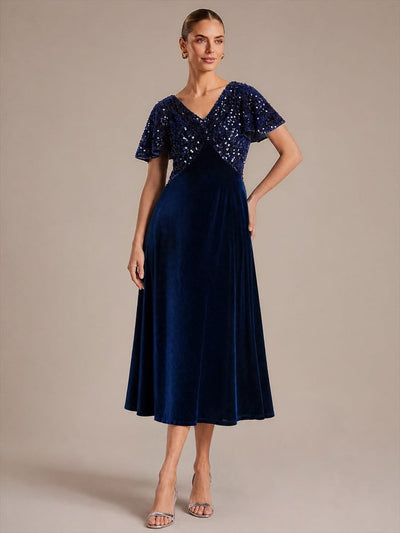 Sequin Velvet V-Neck Tea Length Evening Dress