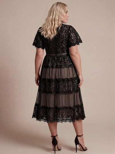 Plus Size High Stretch Lace Spliced A-Line Ruffle Sleeve Patchwork Wedding Guest Dress