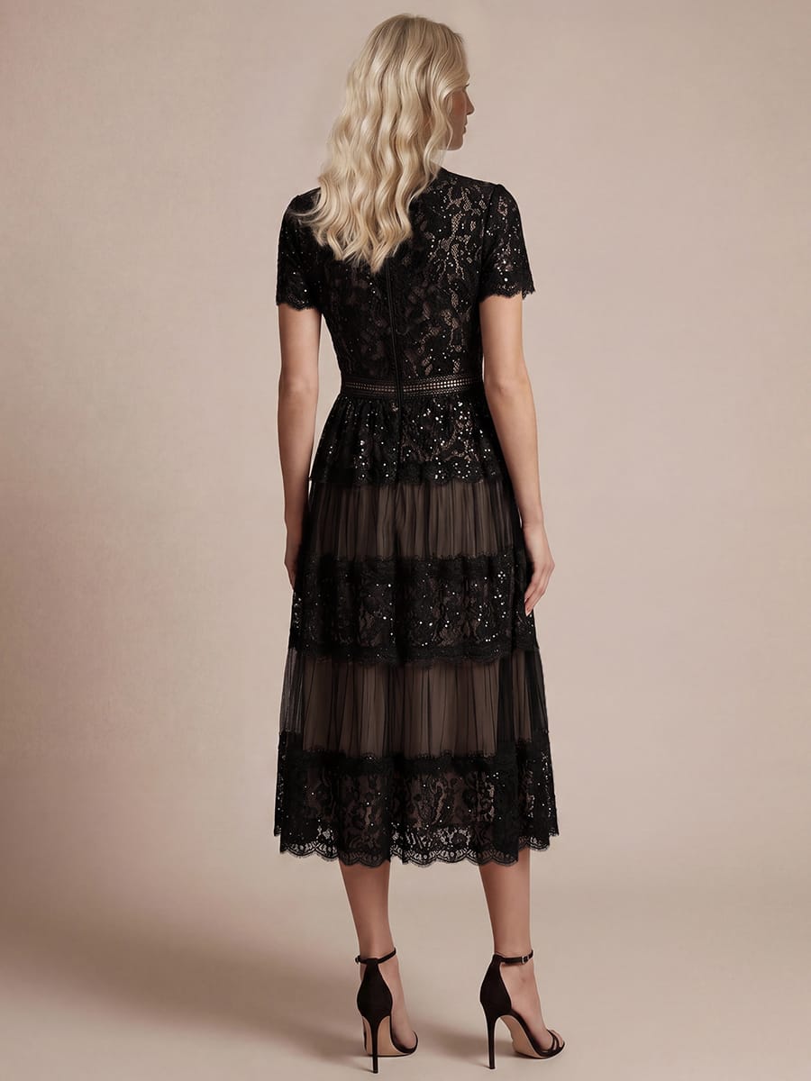 Lace Ruffle Sleeve A-line Dress #color_Black