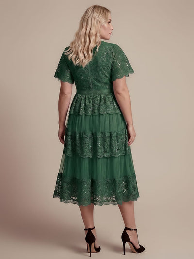 Plus Size High Stretch Lace Spliced A-Line Ruffle Sleeve Patchwork Wedding Guest Dress