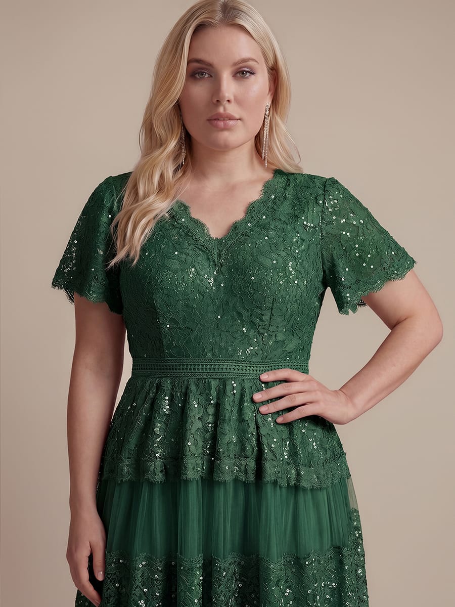 Lace Ruffle Sleeve A-line Dress #color_Dark Green