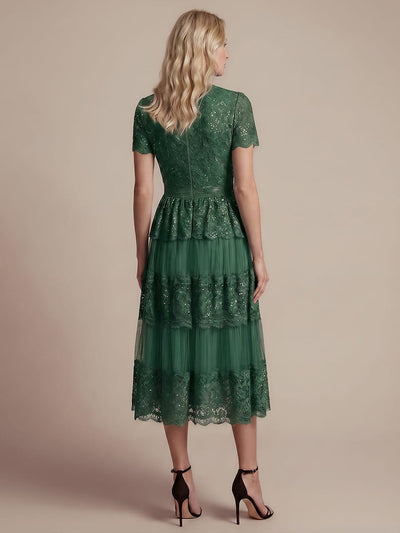 High Stretch Lace Spliced A-Line Flutter Sleeve Patchwork Wedding Guest Dress