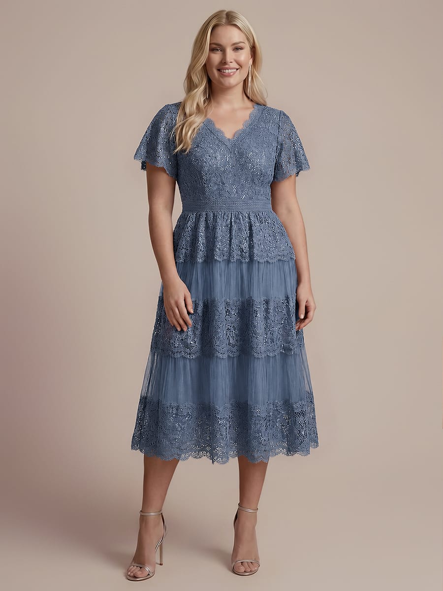 Lace Ruffle Sleeve A-line Dress #color_Dusty Blue