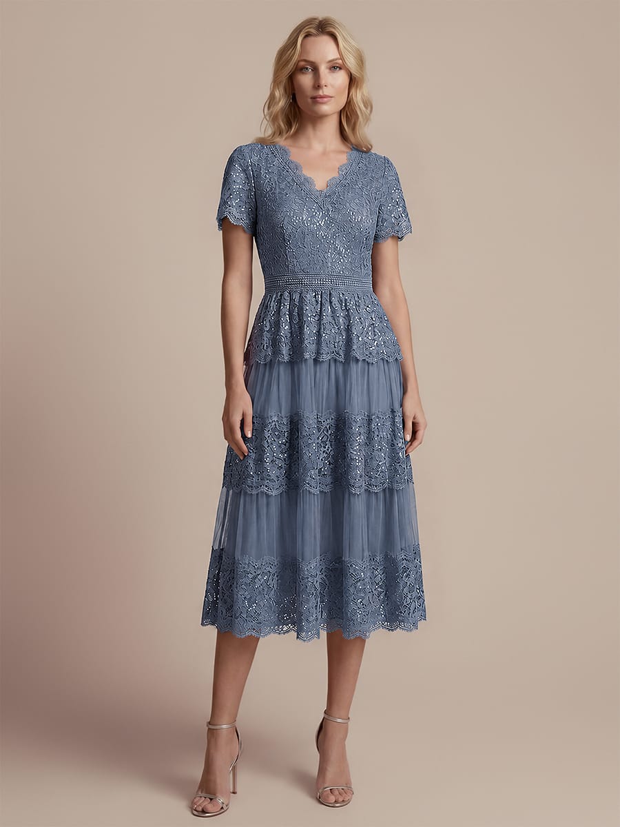 Lace Ruffle Sleeve A-line Dress #color_Dusty Blue