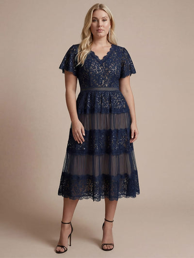 Plus Size Lace Ruffle Sleeve A-line Dress