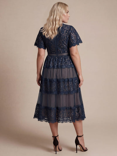 Lace Ruffle Sleeve A-line Dress #color_Navy Blue