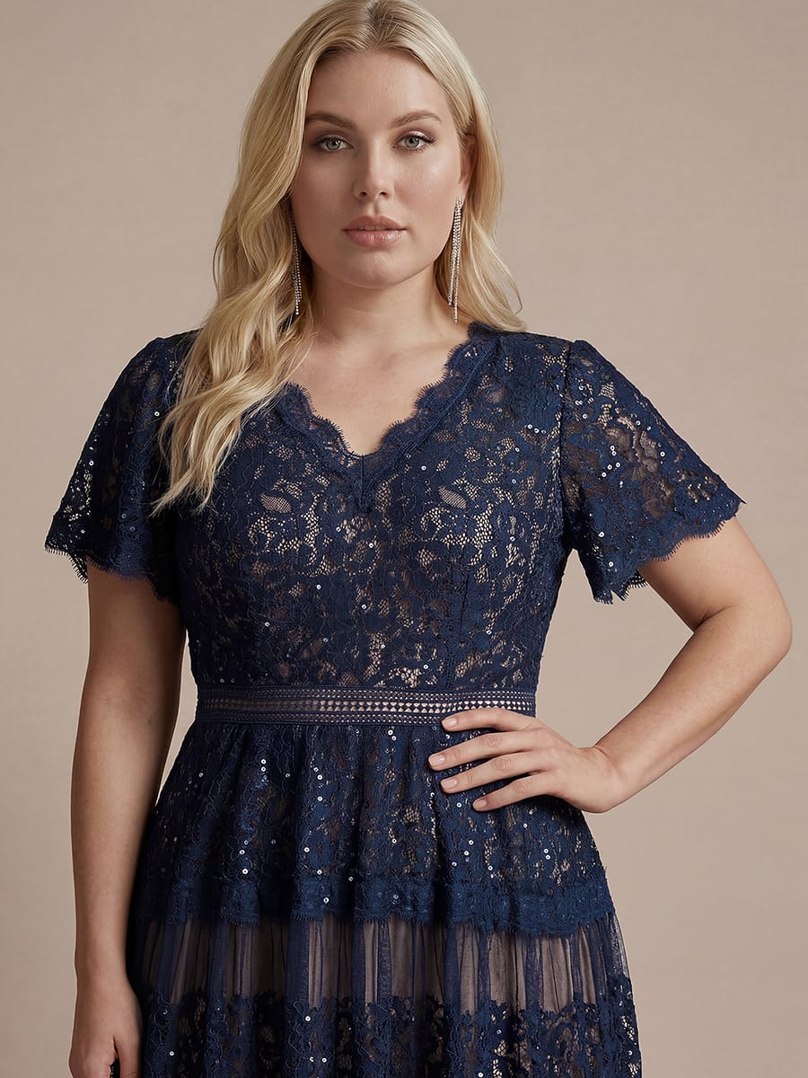 Lace Ruffle Sleeve A-line Dress #color_Navy Blue