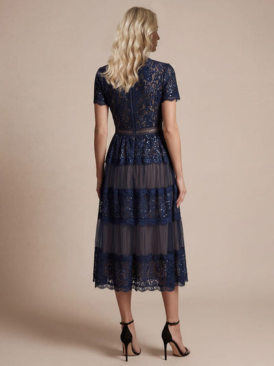 Lace Ruffle Sleeve A-line Dress #color_Navy Blue