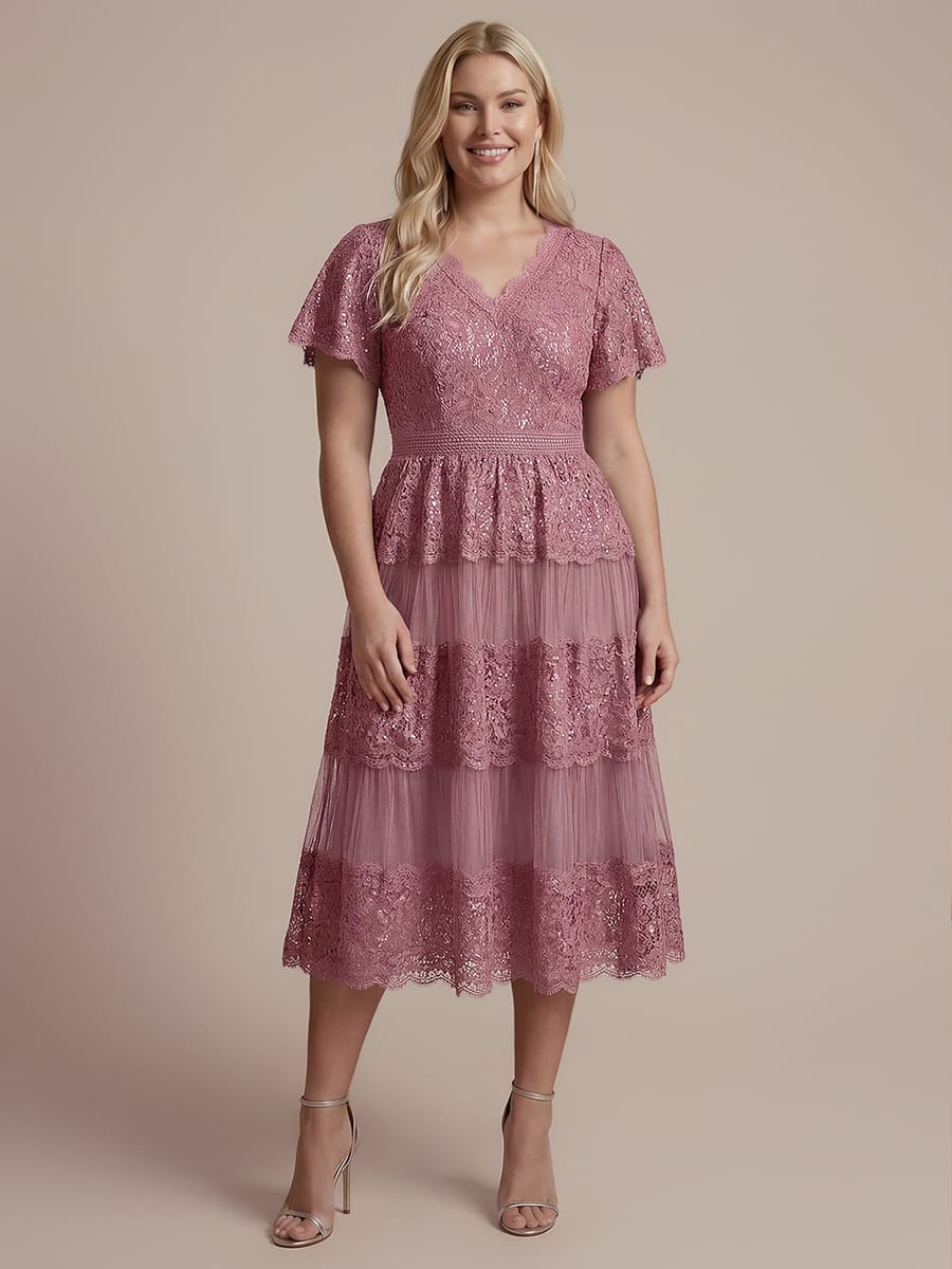 Lace Ruffle Sleeve A-line Dress #color_Purple Orchid