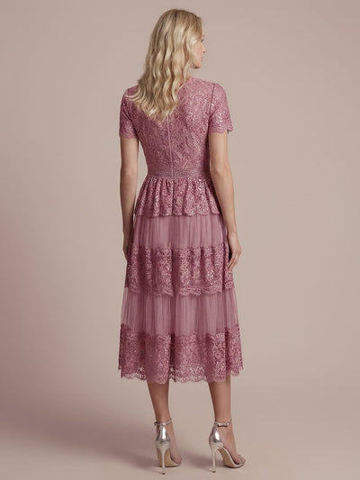 High Stretch Lace Spliced A-Line Flutter Sleeve Patchwork Wedding Guest Dress