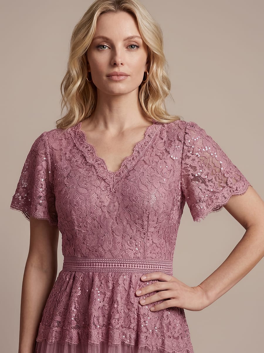 Lace Ruffle Sleeve A-line Dress #color_Purple Orchid