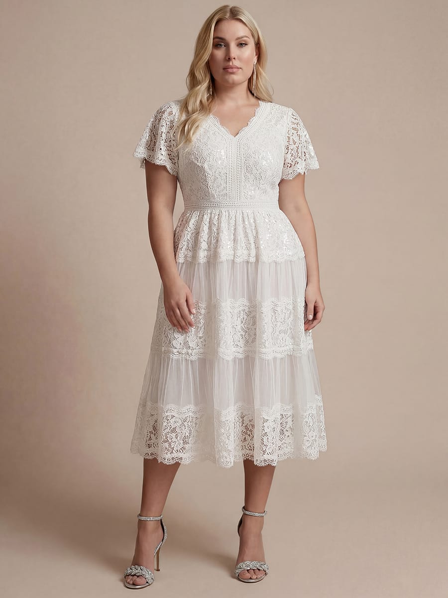 Lace Ruffle Sleeve A-line Dress #color_White