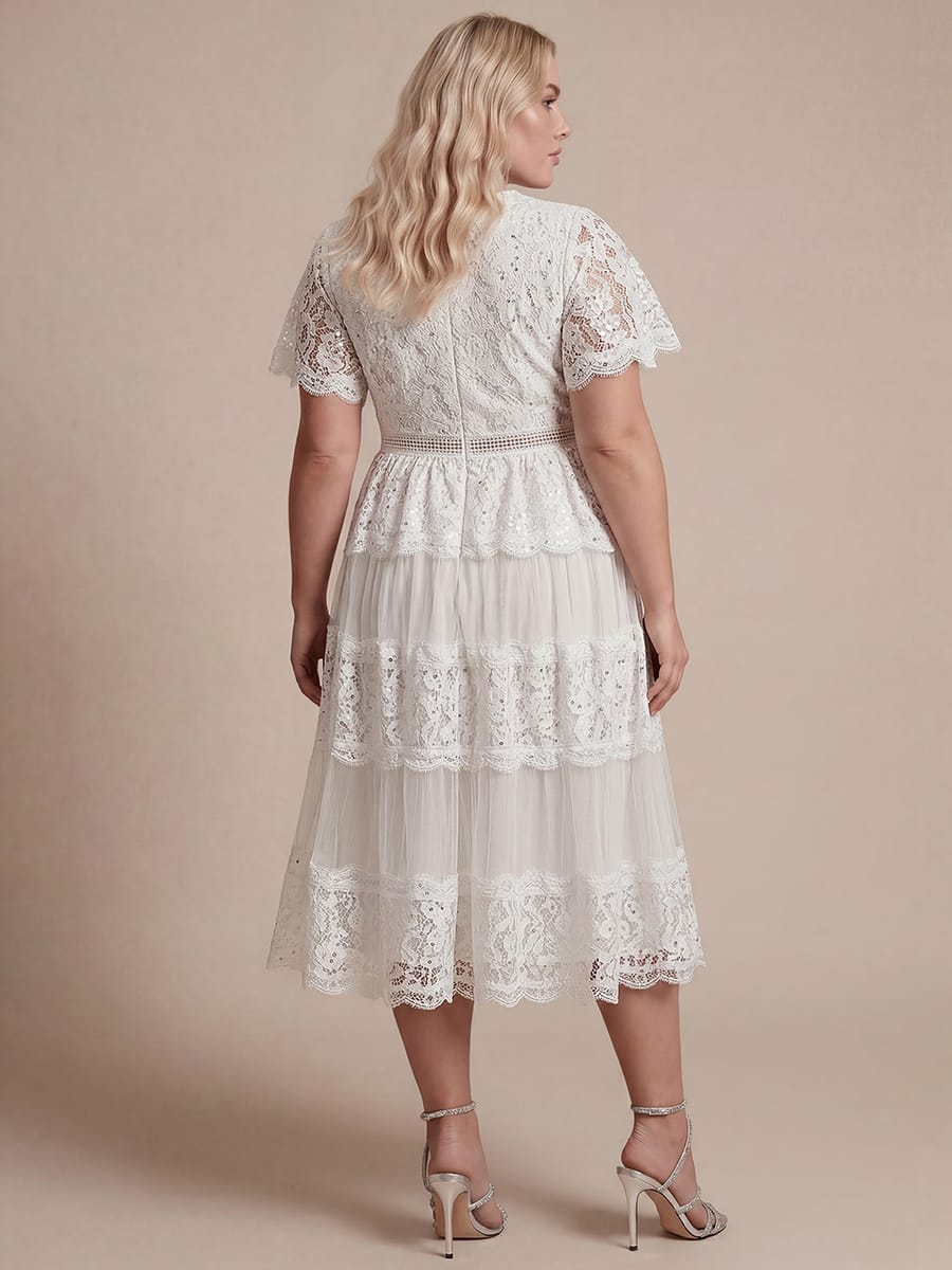 Lace Ruffle Sleeve A-line Dress #color_White