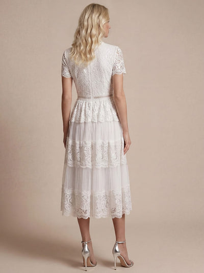 Lace Ruffle Sleeve A-line Dress #color_White