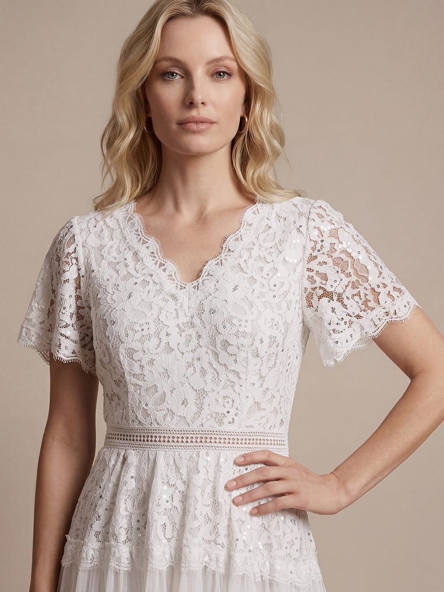 Lace Ruffle Sleeve A-line Dress #color_White