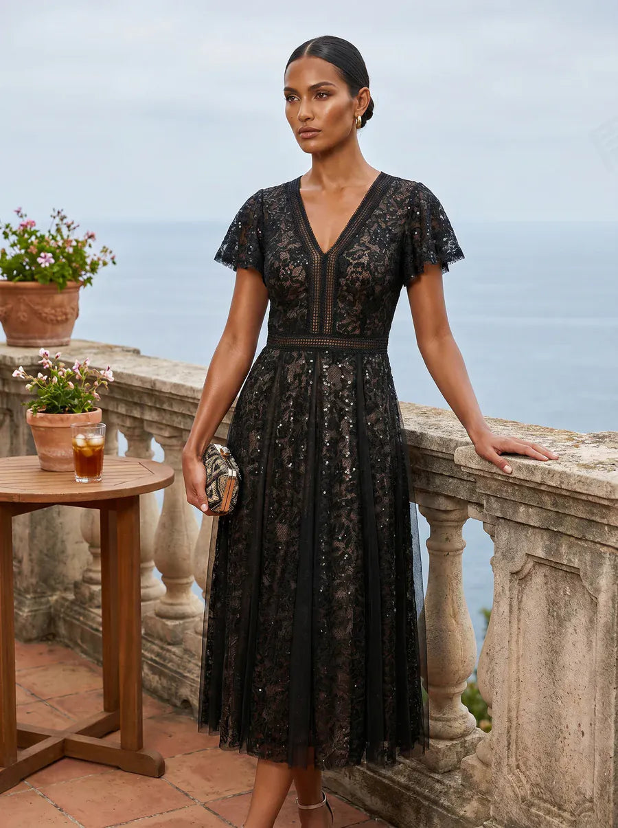 Ruffled Lace Ruffle Sleeve Dress #color_Black