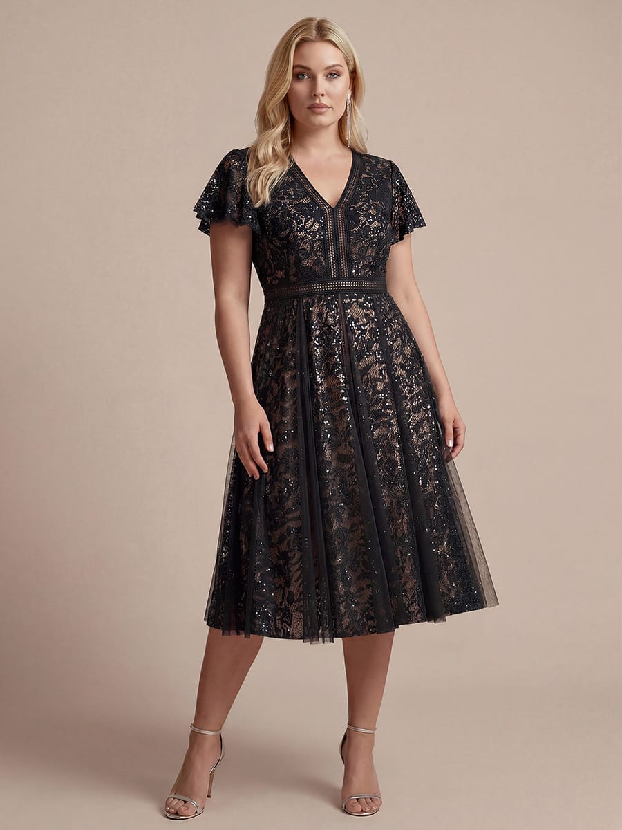 Ruffled Lace Ruffle Sleeve Dress #color_Black