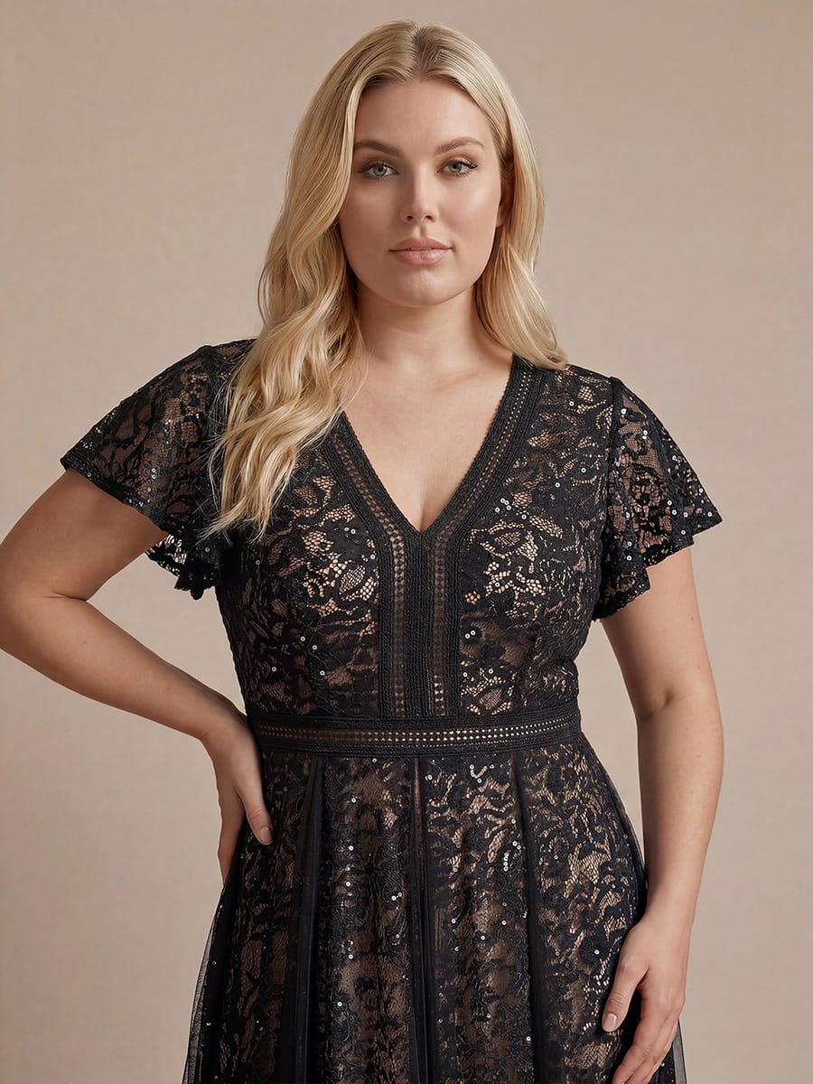 Ruffled Lace Ruffle Sleeve Dress #color_Black