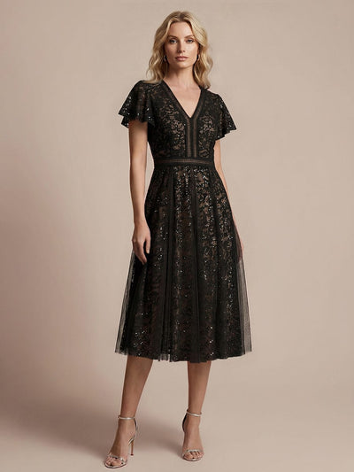 Elegant Lace Ruffle Sleeve Midi Dress Formal Wedding Guest Dress