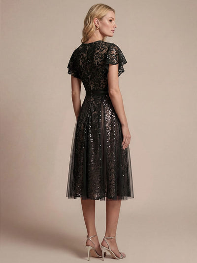 Elegant Lace Ruffle Sleeve Midi Dress Formal Wedding Guest Dress