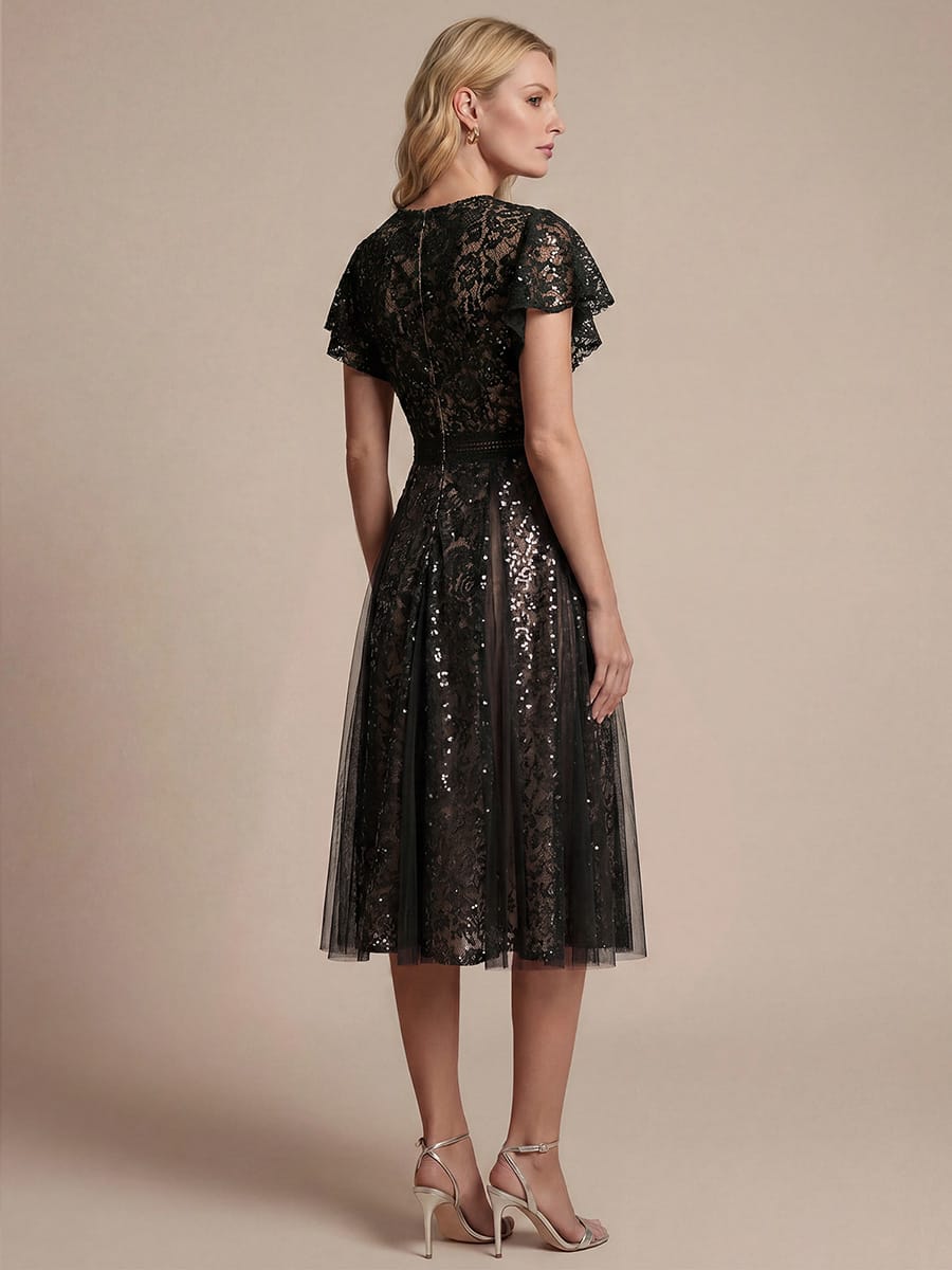 Ruffled Lace Ruffle Sleeve Dress #color_Black