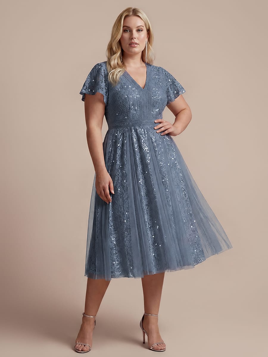Ruffled Lace Ruffle Sleeve Dress #color_Dusty Blue