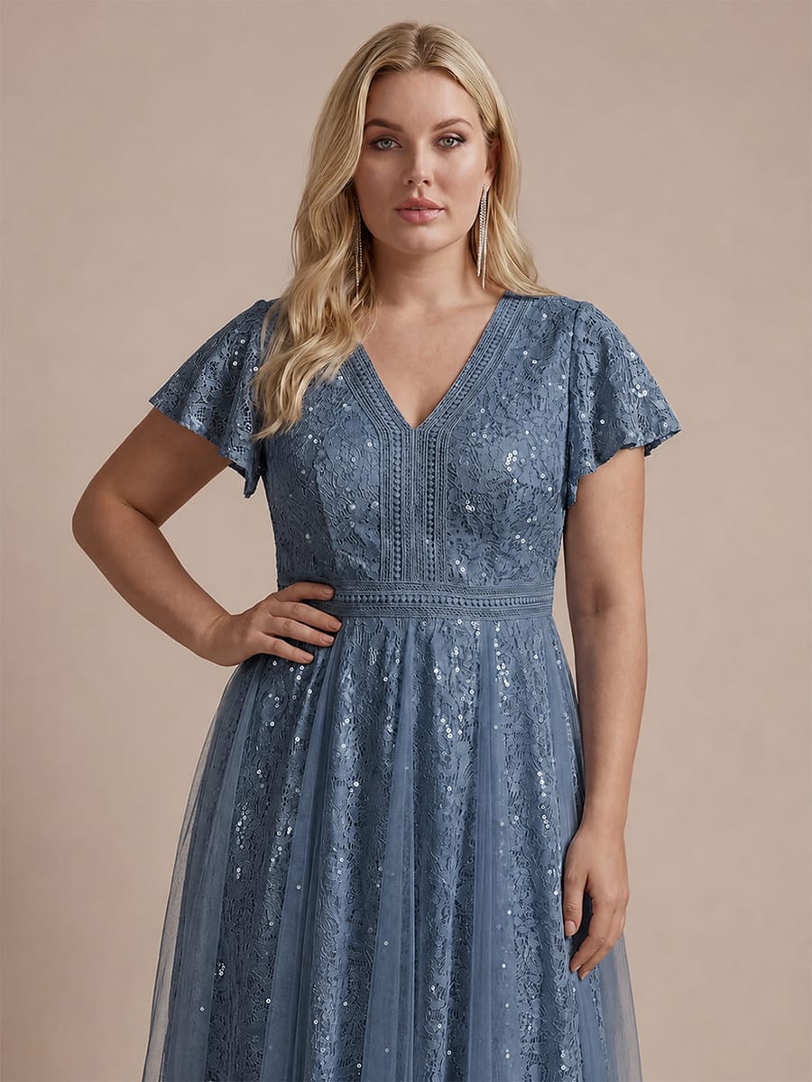 Ruffled Lace Ruffle Sleeve Dress #color_Dusty Blue