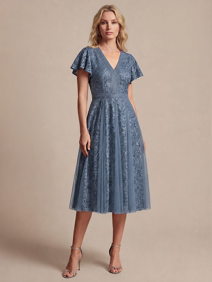 Ruffled Lace Ruffle Sleeve Dress #color_Dusty Blue