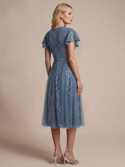 Elegant Lace Ruffle Sleeve Midi Dress Formal Wedding Guest Dress