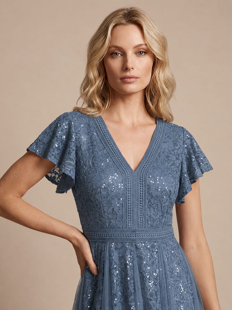 Ruffled Lace Ruffle Sleeve Dress #color_Dusty Blue