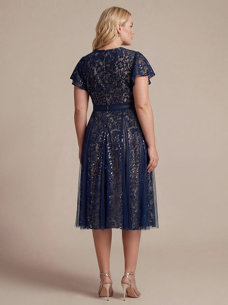 Ruffled Lace Ruffle Sleeve Dress #color_Navy Blue